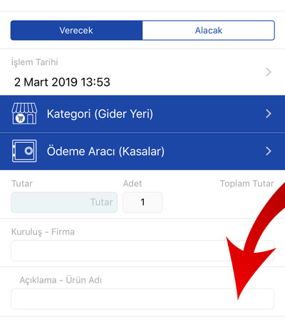 Hesabım Cebimde Alacak Verecek Kaydı Oluşturma