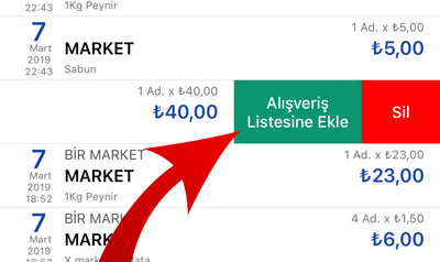 Hesabım Cebimde Alışveriş Listesine Ekleme veya Silme