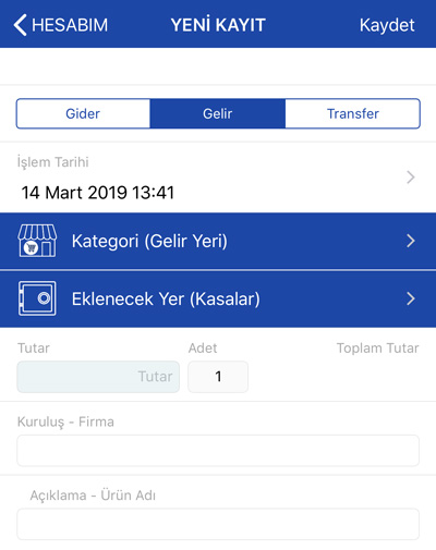 Hesabım Cebimde yeni gelir kaydı oluşturma