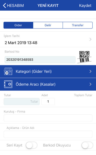 Hesabım Cebimde yeni gider kaydı oluşturma