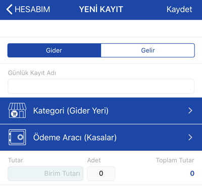 Hesabım Cebimde Yeni Günlük Kayıt Ekranı