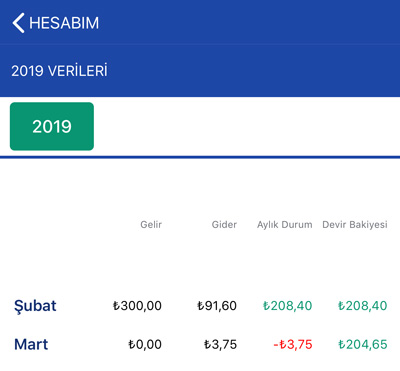Hesabım Cebimde Yıllar ve Aylara Göre Durum Penceresi