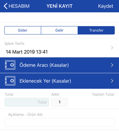Hesabım Cebimde transfer kaydı oluşturma